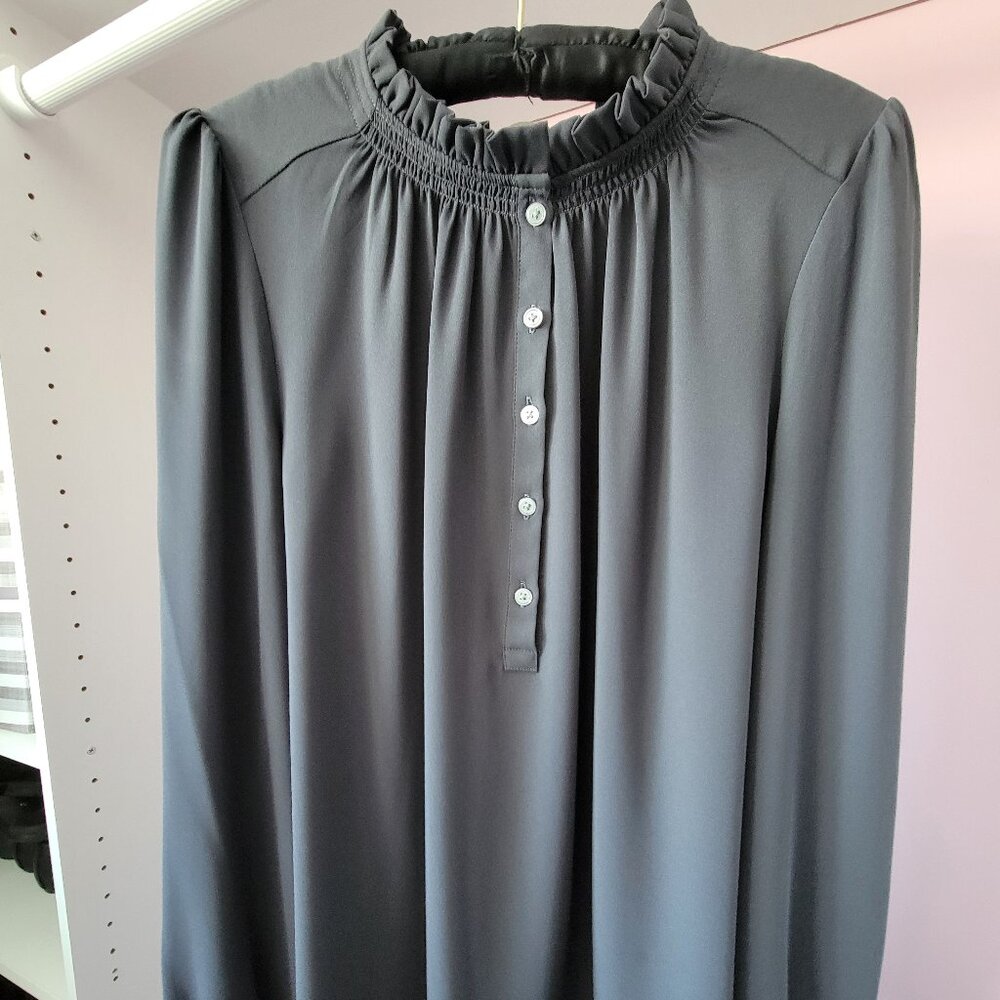 Loft Women's Blouse.  Ruffled Collar.  Dark Grey.  Size M